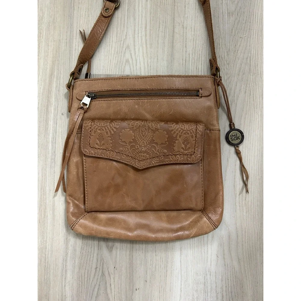 The Sak Sanibel Mini Crossbody Purse Brown Leather Embossed 9.5